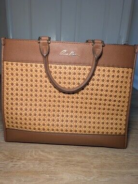 Anne Klein Structured Wicker Style Tote Bag Faux Leather Office Carryall
